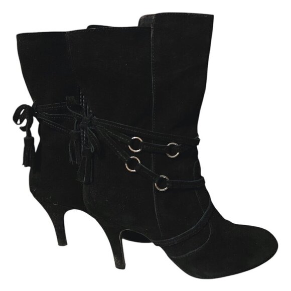 90s Y2K Black Suede Heeled Calf Boots Pointy Round Toe Tassel  Back Size 7.5 - Picture 1 of 10